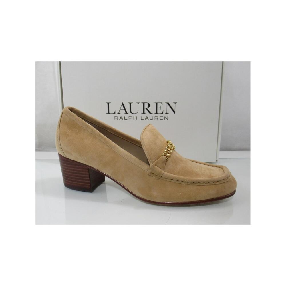 LAUREN Ralph Lauren Winslet Loafer Pumps Block Heel Suede Buff Beige Size 9